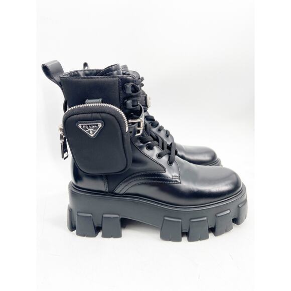 Prada Black Monolith Leather and Re-Nylon Pouch Combat Boots Size 36.5 - Picture 1 of 11